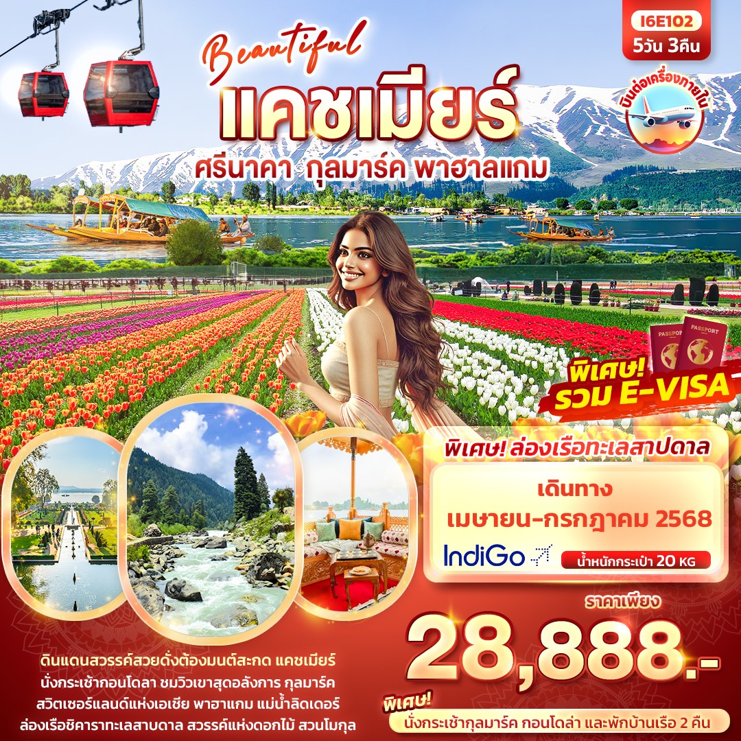 I6E102 I6E102 BEAUTYFUL KASHMIR ศรีนาคา กุลมาร์ค พาฮาลแกม 5วัน 3คืน [APR-JUL25] 
